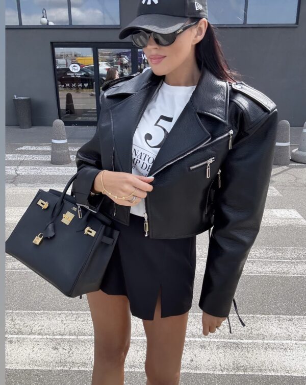 Black Urban Biker Jacket – Short Faux Leather Jacket with Metal Details