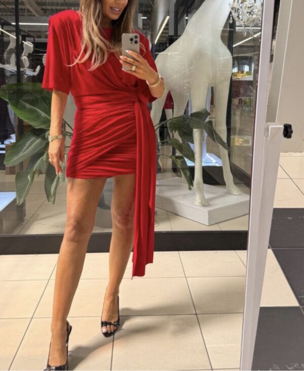 Red Mini Dress with Eye-Catching Ruching and Tie Detail