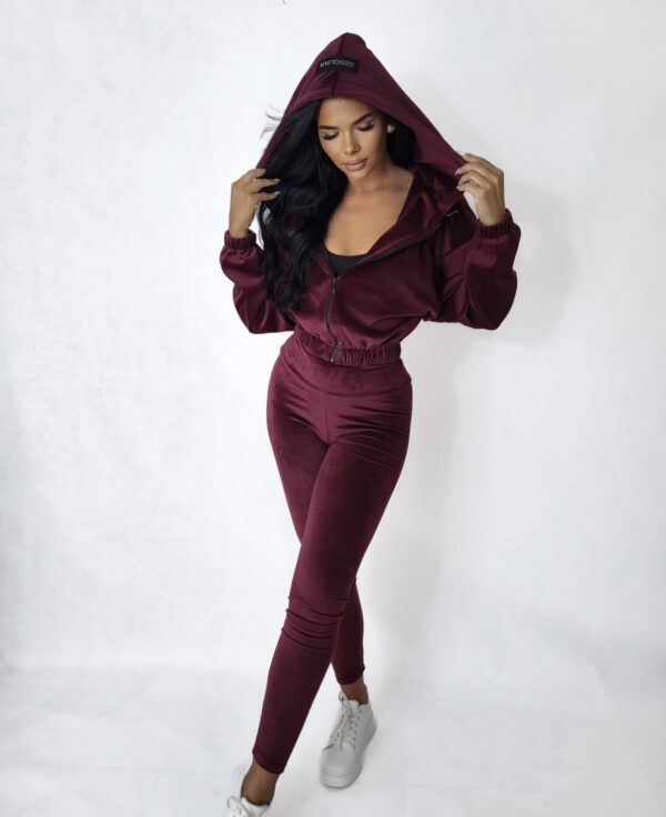Damen SET Velours-Trainingsanzug mit Kapuze – bordeauxfarben